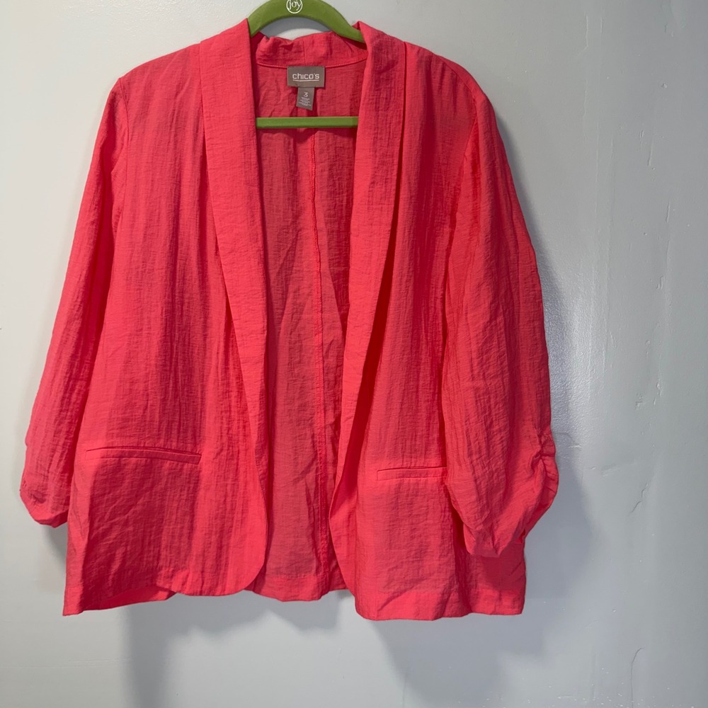 Chicos‎ Neon Pink Ruched 3/4 Sleeve Open Front Lightweight Blazer Jacket Size XL